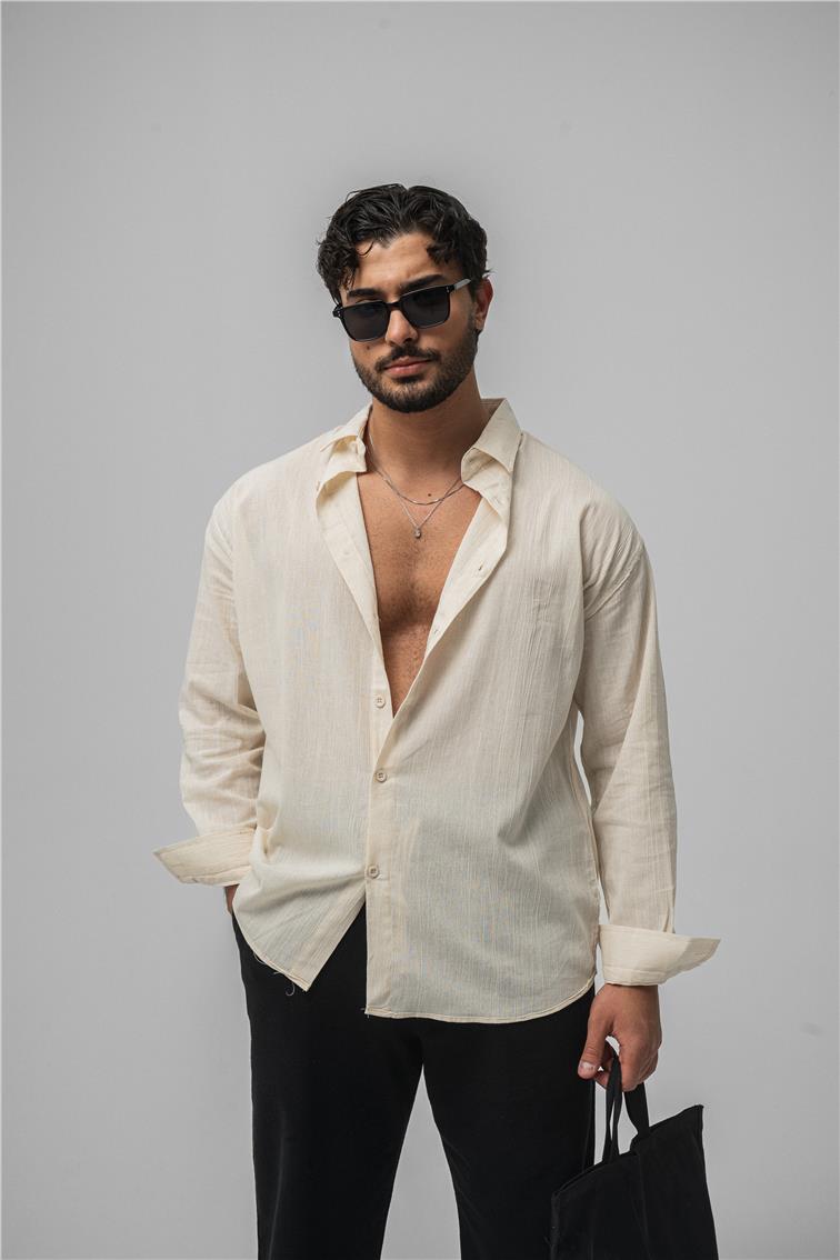 Wrinkled Linen Oversize Gömlek Krem