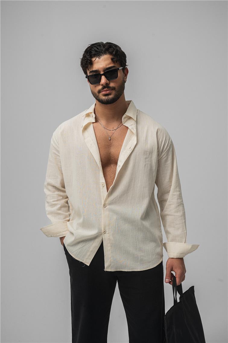 Wrinkled Linen Oversize Gömlek Krem
