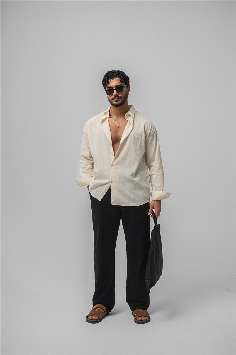 Wrinkled Linen Oversize Gömlek Krem