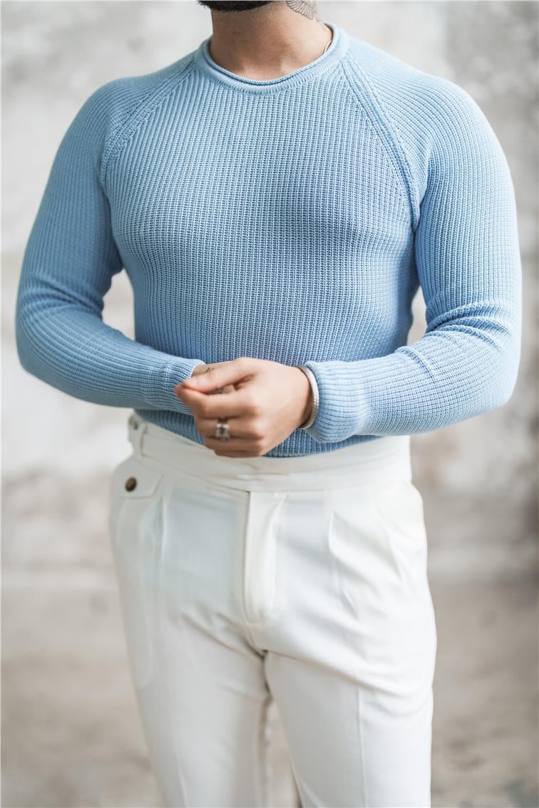 Yaka Detay Slim Örgülü Kazak Bebe Mavisi