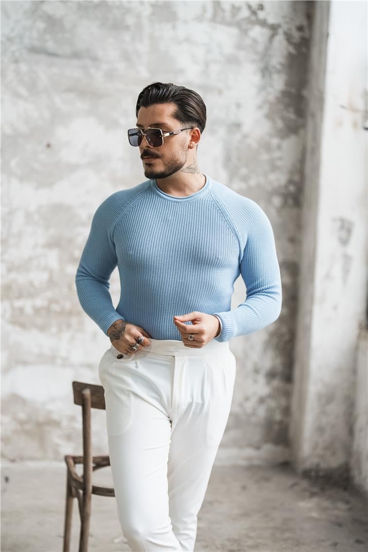 Yaka Detay Slim Örgülü Kazak Bebe Mavisi