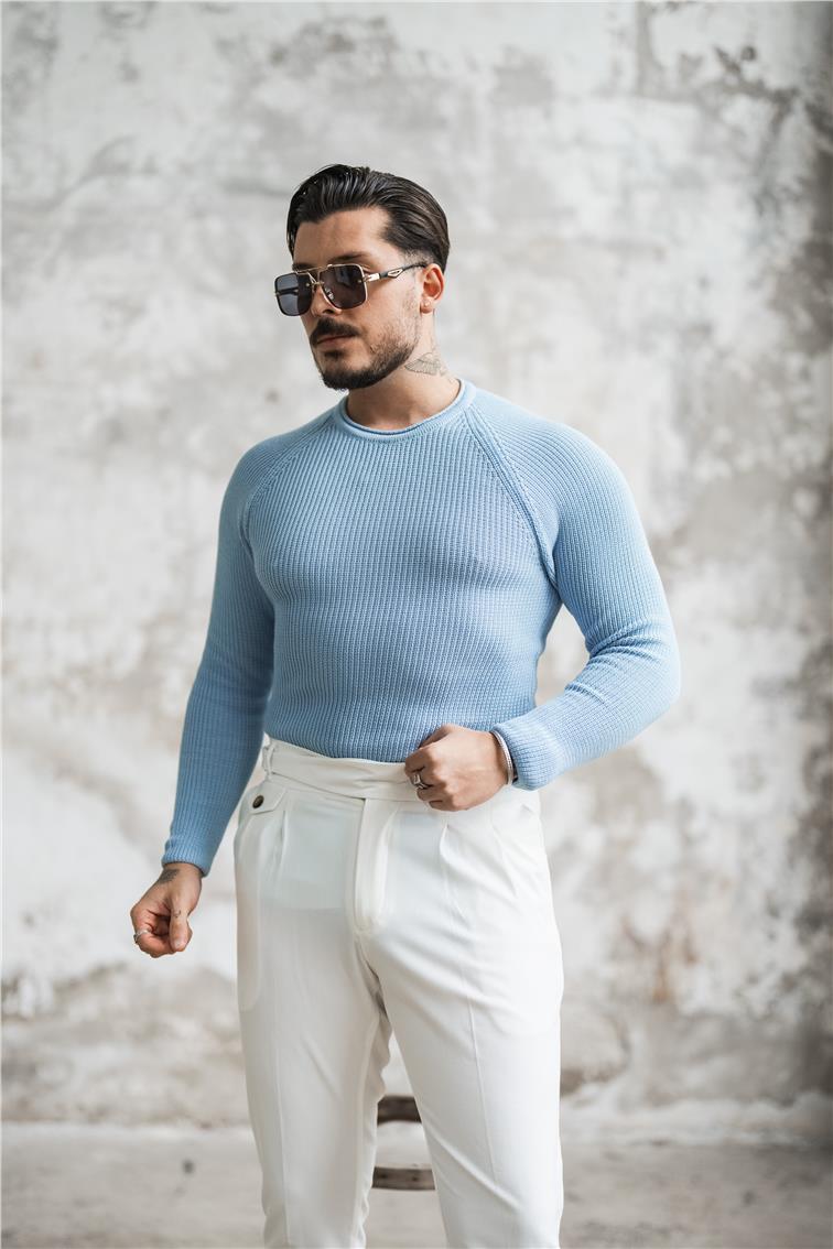 Yaka Detay Slim Örgülü Kazak Bebe Mavisi