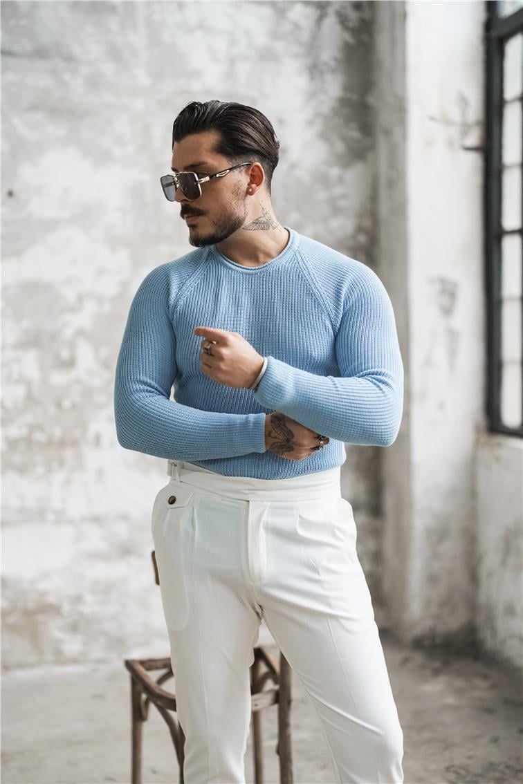 Yaka Detay Slim Örgülü Kazak Bebe Mavisi