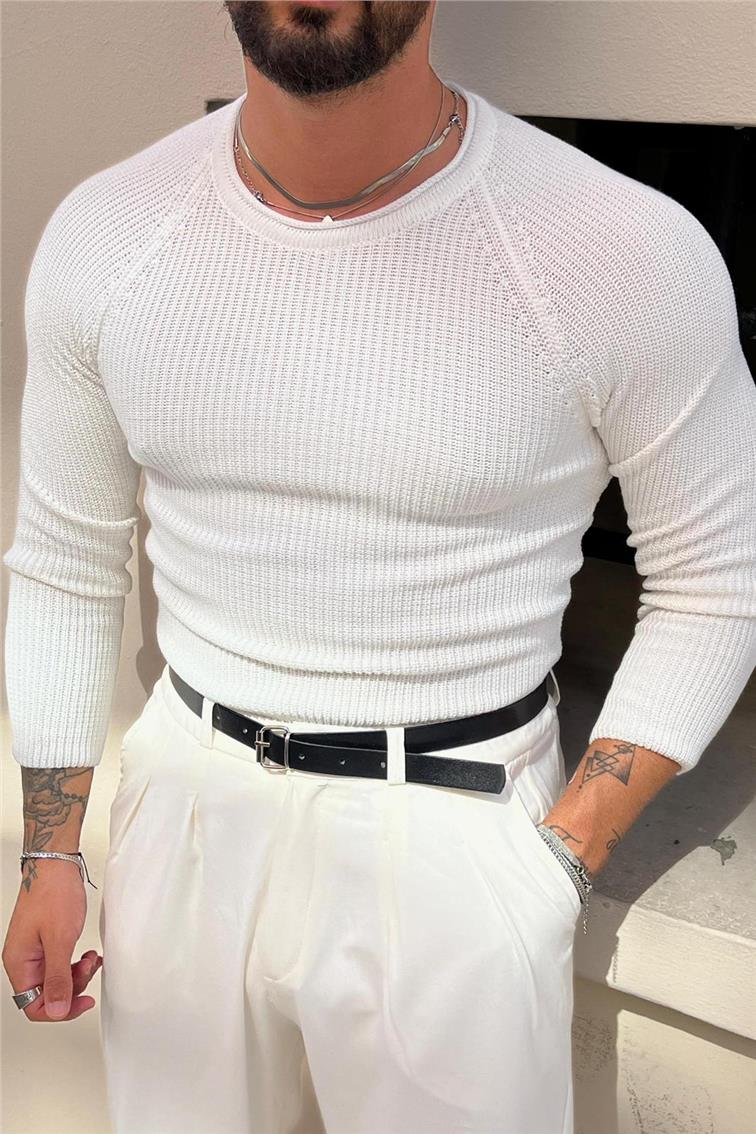 Yaka Detay Slim Örgülü Kazak Beyaz