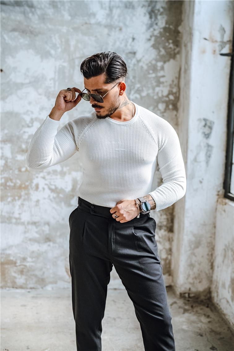 Yaka Detay Slim Örgülü Kazak Beyaz