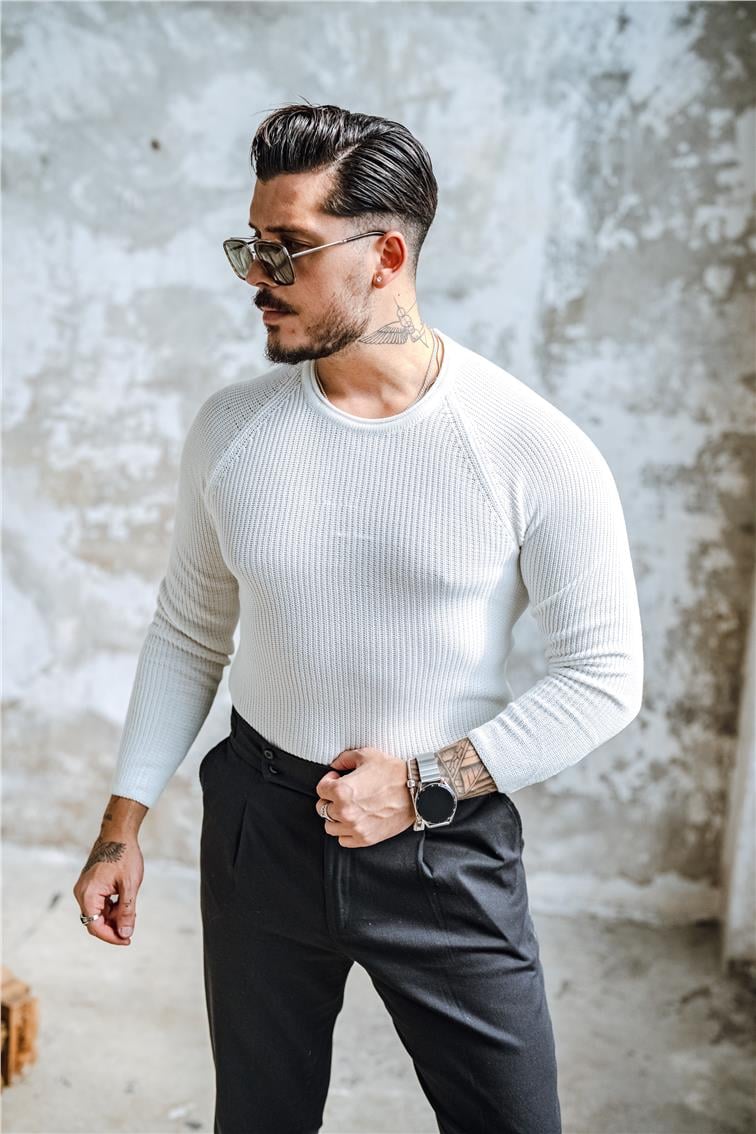 Yaka Detay Slim Örgülü Kazak Beyaz