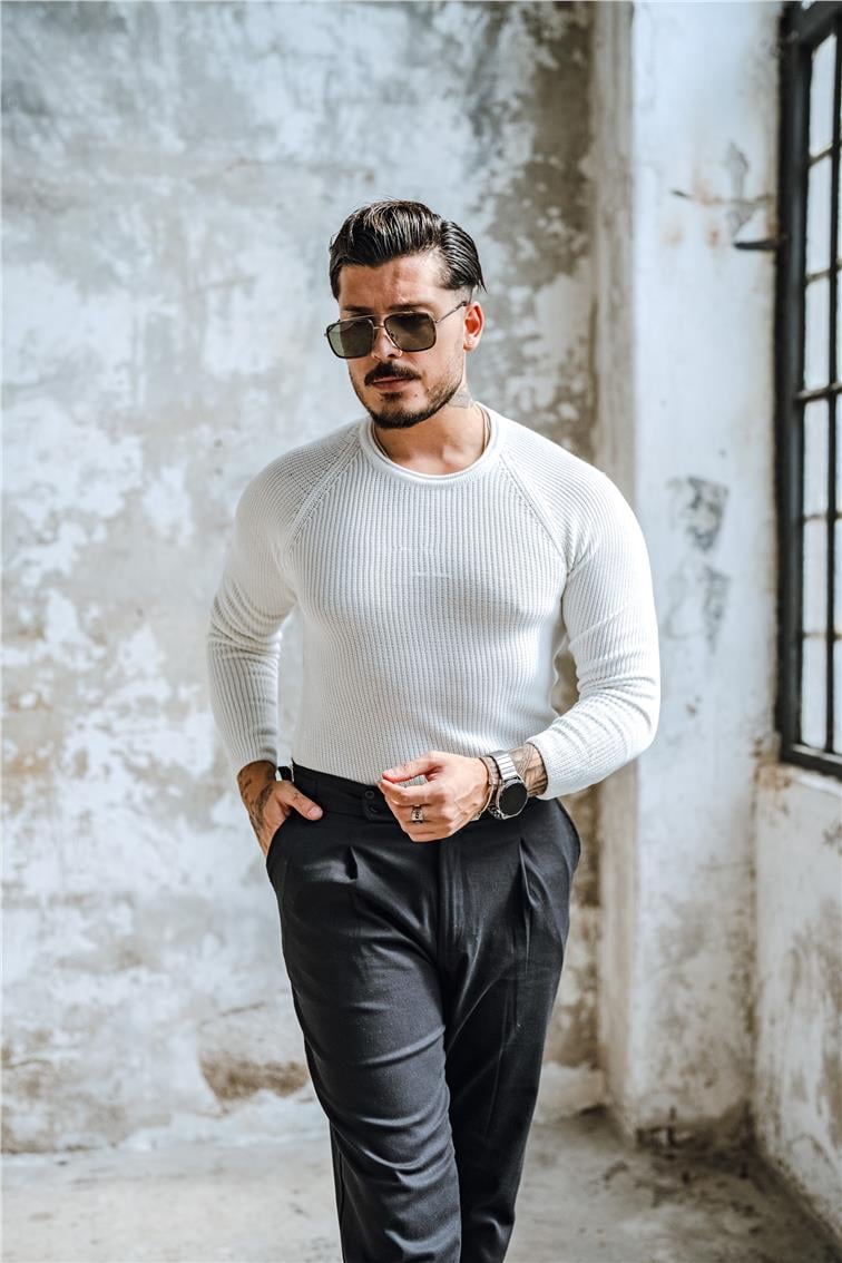 Yaka Detay Slim Örgülü Kazak Beyaz