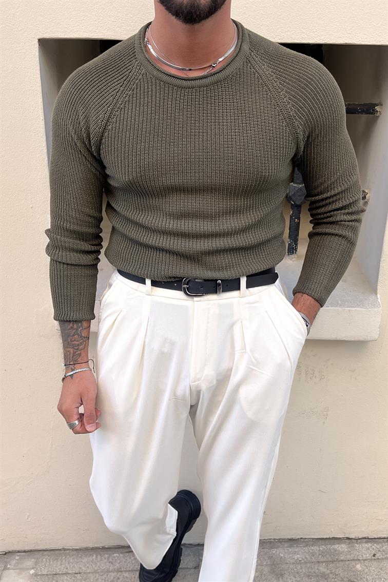 Yaka Detay Slim Örgülü Kazak Haki