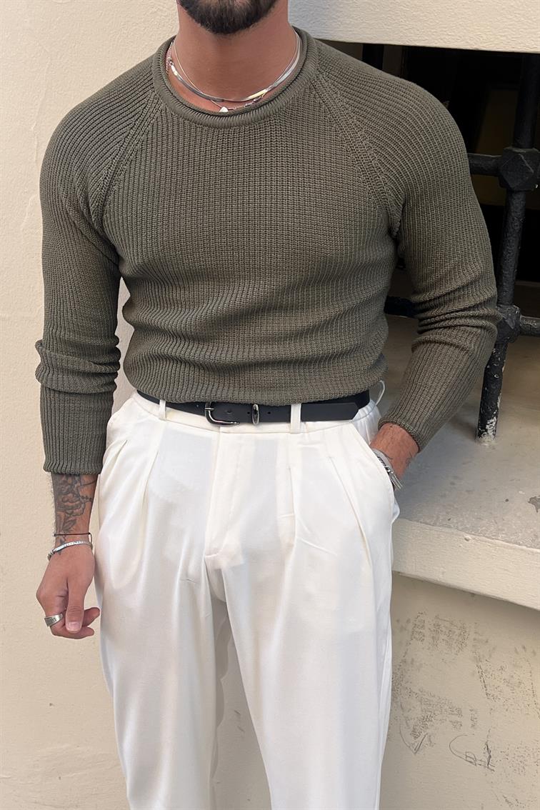 Yaka Detay Slim Örgülü Kazak Haki