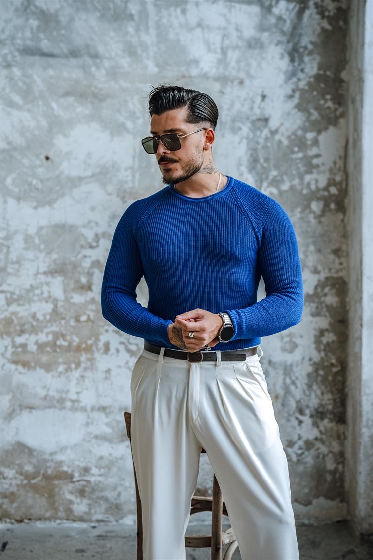 Yaka Detay Slim Örgülü Kazak Saks