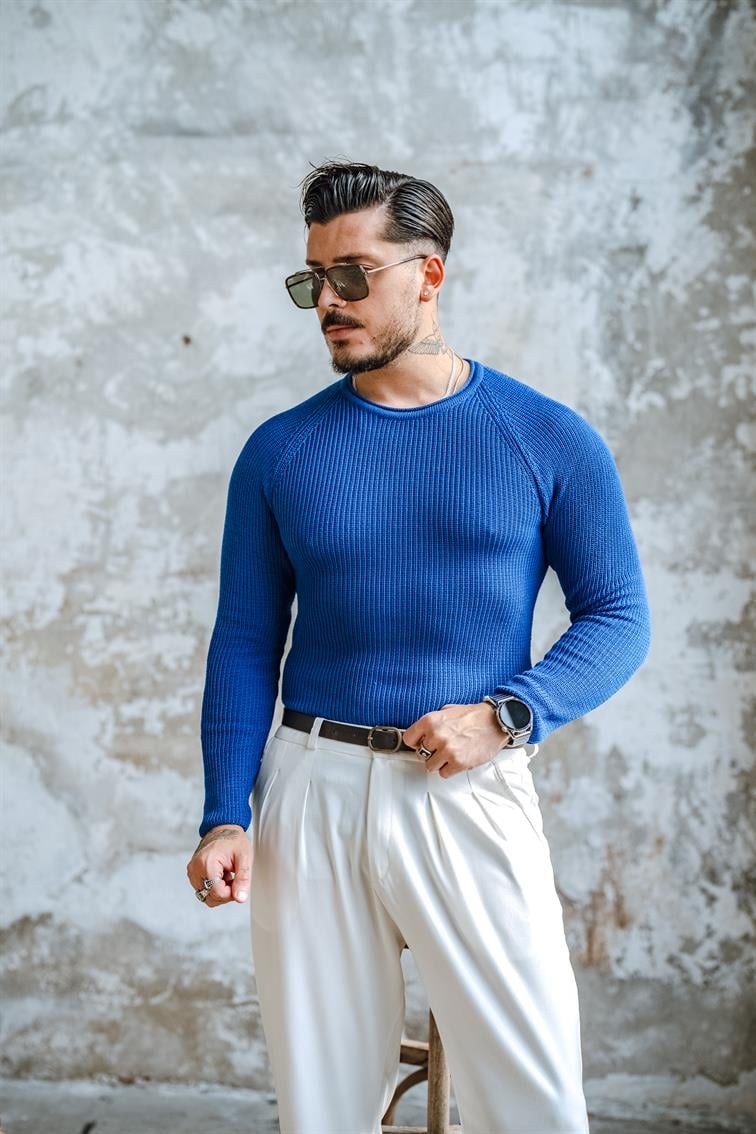 Yaka Detay Slim Örgülü Kazak Saks