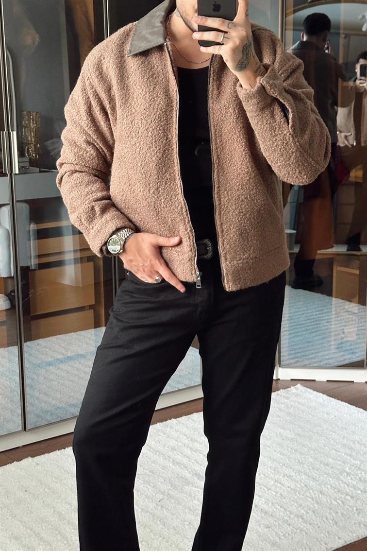 Yaka Detay Yün Görünümlü Bol Ceket Kahve