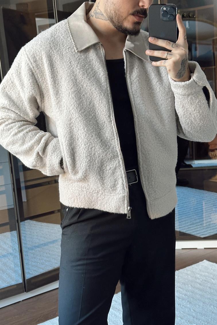 Yaka Detay Yün Görünümlü Bol Ceket Krem