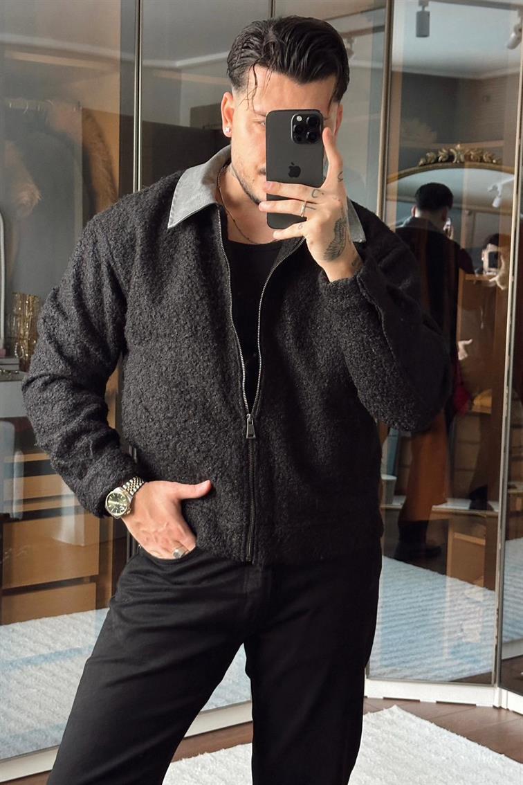 Yaka Detay Yün Görünümlü Bol Ceket Siyah