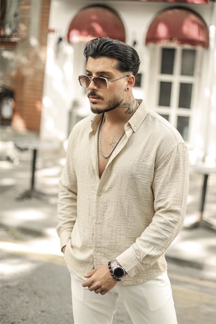 Yaka Düğmeli Basic Regular Fit Gömlek Krem
