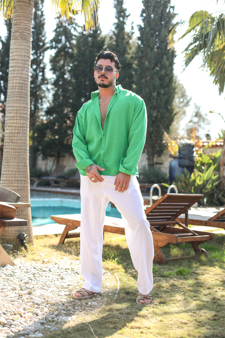Yaka Düğmeli Basic Regular Fit Gömlek Yeşil