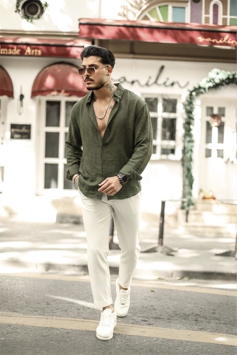 Yaka Düğmeli Basic Regular Fit Gömlek Haki