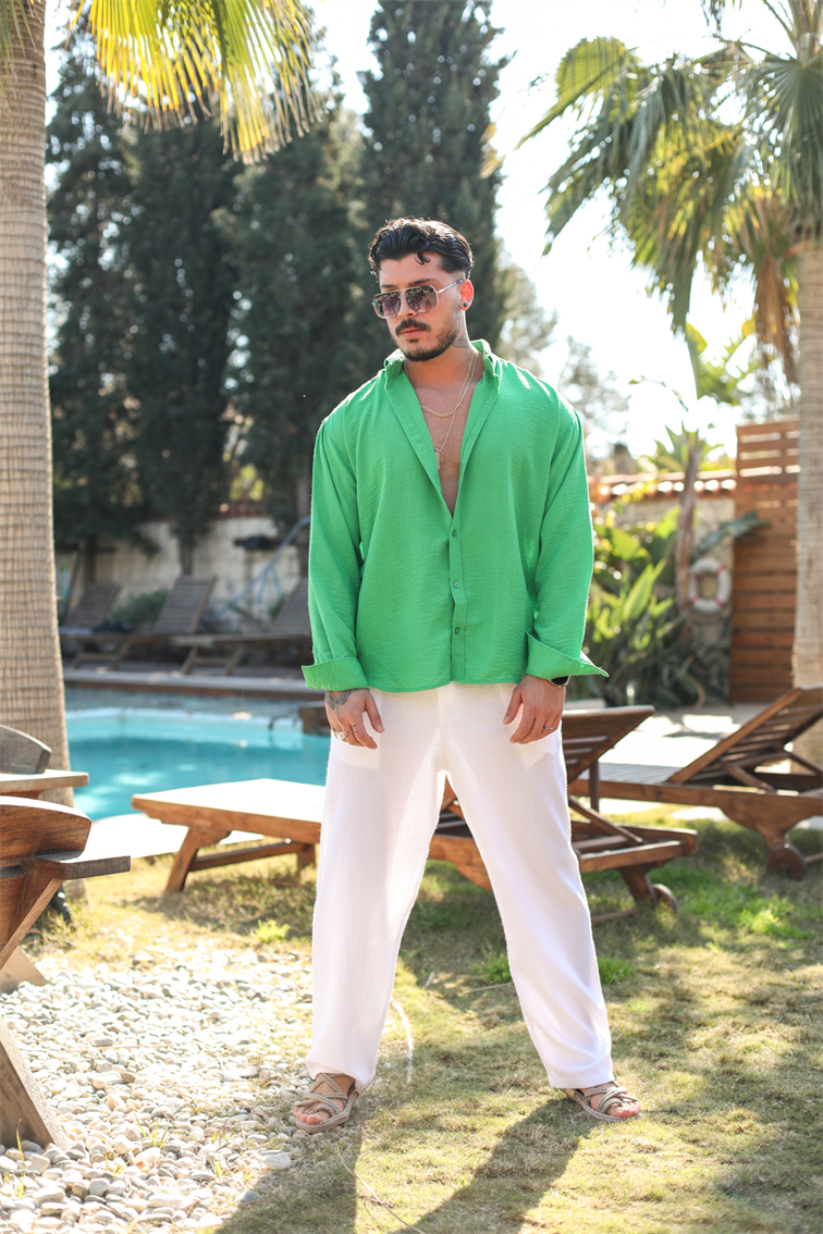 Yaka Düğmeli Basic Regular Fit Gömlek Yeşil