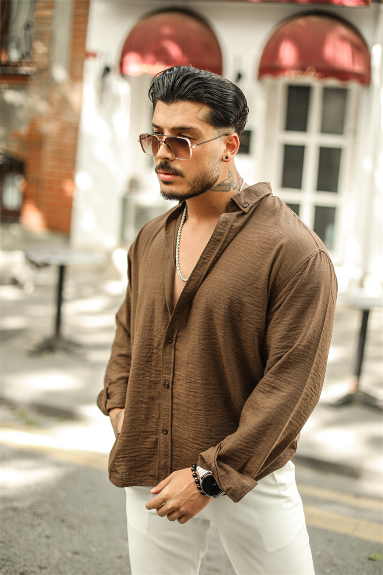 Yaka Düğmeli Basic Regular Fit Gömlek Kahve