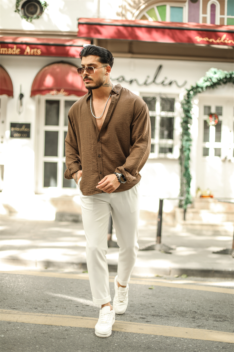 Yaka Düğmeli Basic Regular Fit Gömlek Kahve