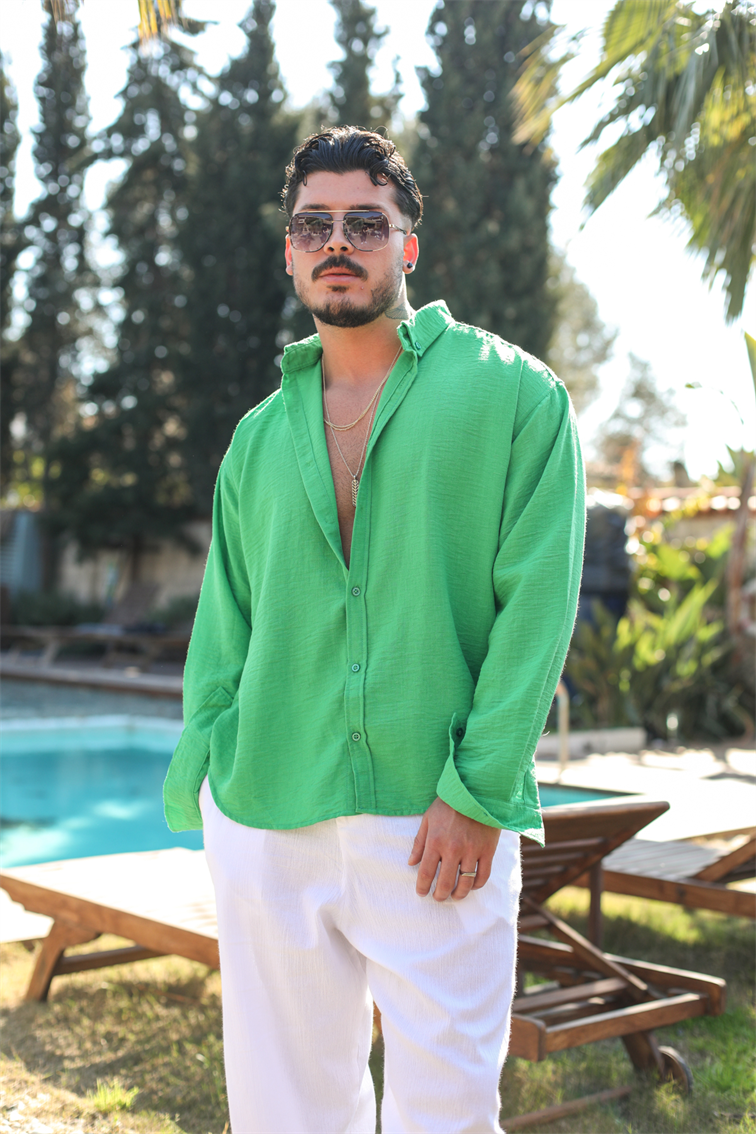 Yaka Düğmeli Basic Regular Fit Gömlek Yeşil