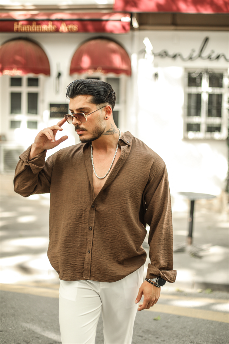 Yaka Düğmeli Basic Regular Fit Gömlek Kahve