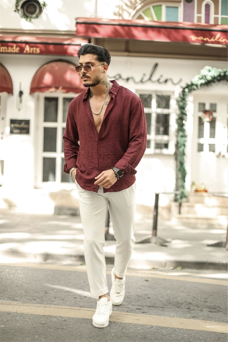 Yaka Düğmeli Basic Regular Fit Gömlek Bordo
