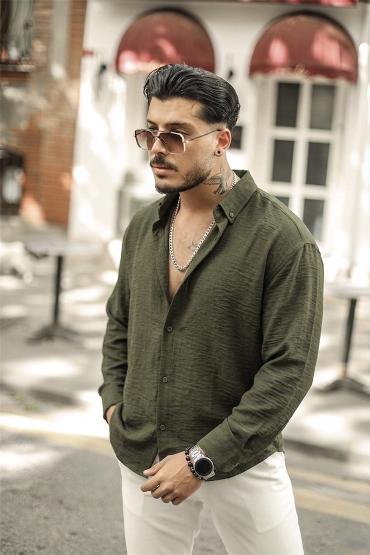 Yaka Düğmeli Basic Regular Fit Gömlek Haki