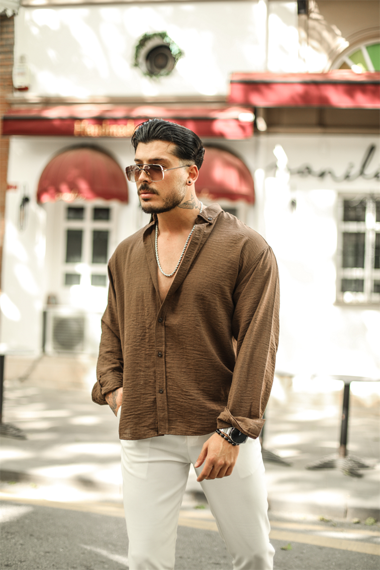 Yaka Düğmeli Basic Regular Fit Gömlek Kahve