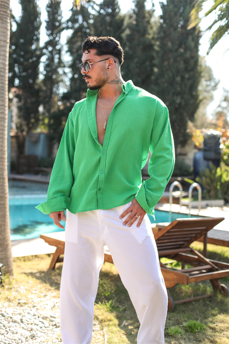 Yaka Düğmeli Basic Regular Fit Gömlek Yeşil