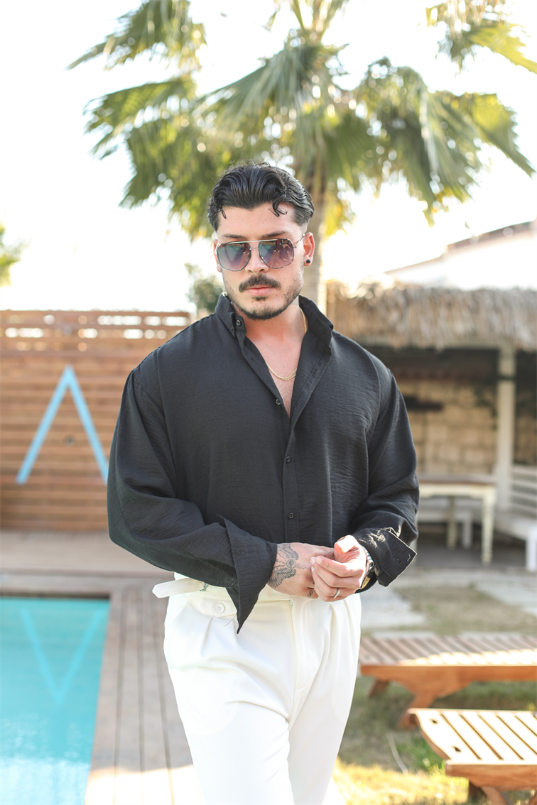 Yaka Düğmeli Basic Regular Fit Gömlek Siyah