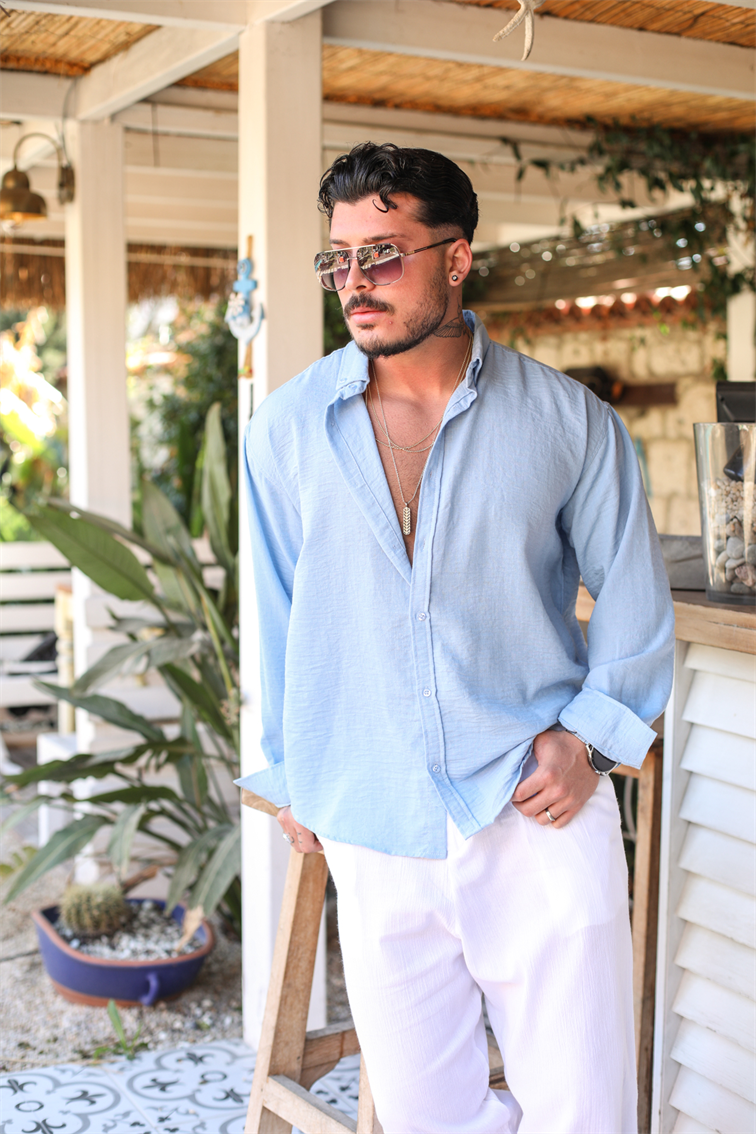 Yaka Düğmeli Basic Regular Fit Gömlek Açık Mavi