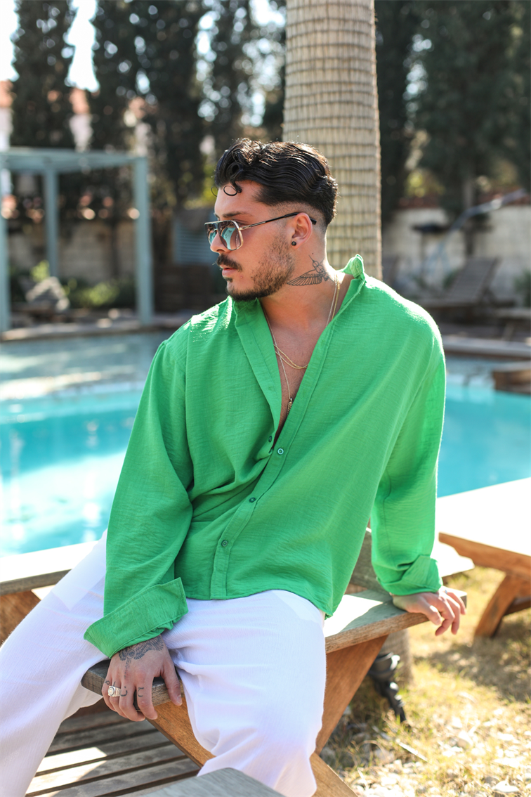 Yaka Düğmeli Basic Regular Fit Gömlek Yeşil