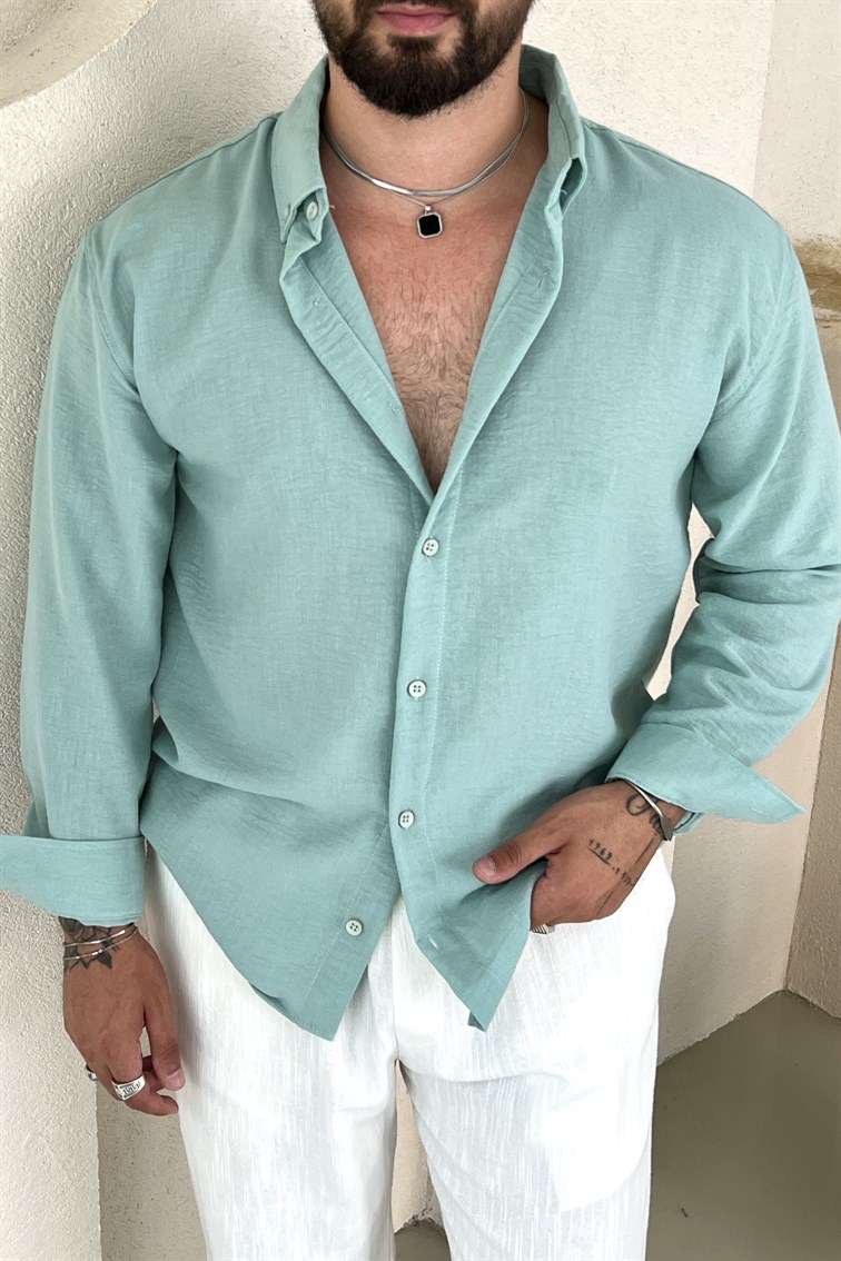 Yaka Düğmeli Basic Regular Fit Gömlek Su Yeşili