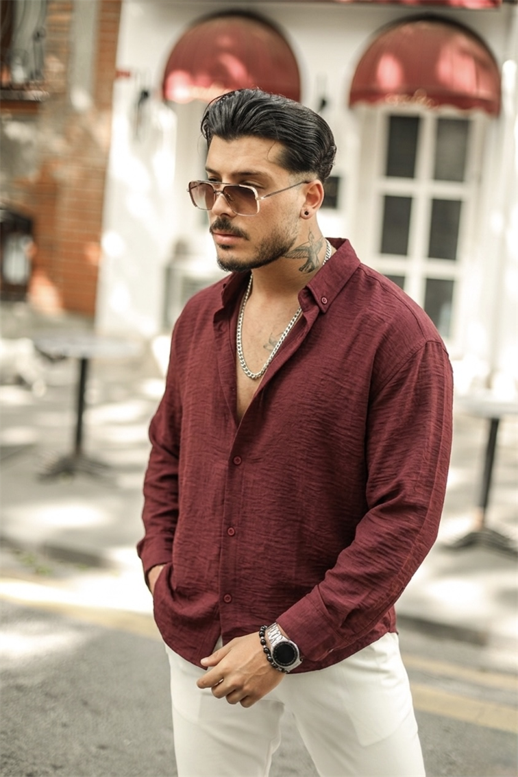 Yaka Düğmeli Basic Regular Fit Gömlek Bordo