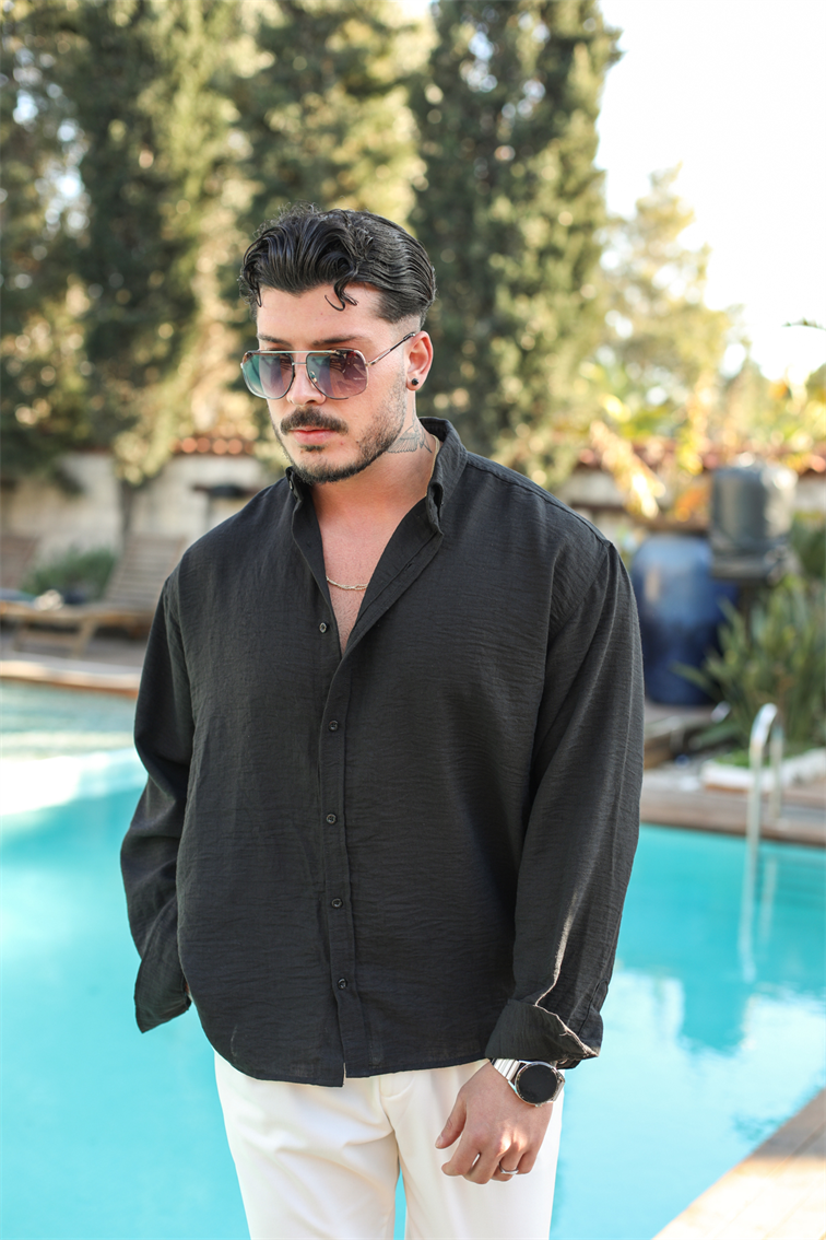 Yaka Düğmeli Basic Regular Fit Gömlek Siyah