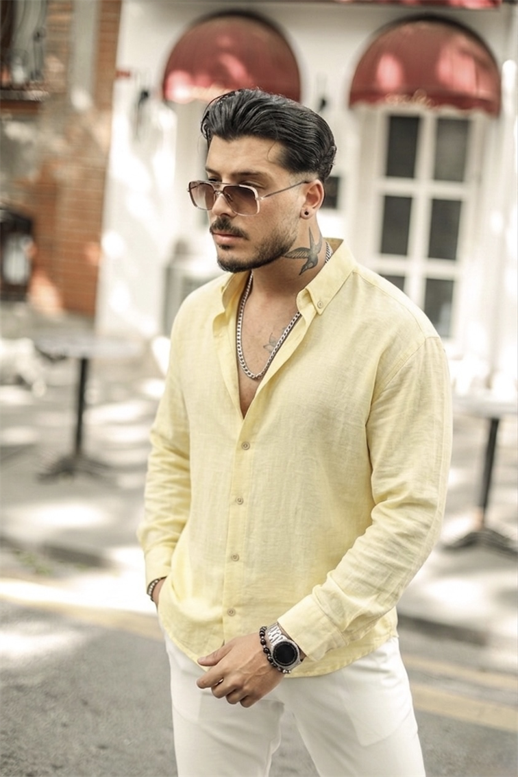 Yaka Düğmeli Basic Regular Fit Gömlek Sarı