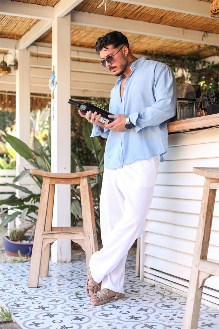 Yaka Düğmeli Basic Regular Fit Gömlek Açık Mavi