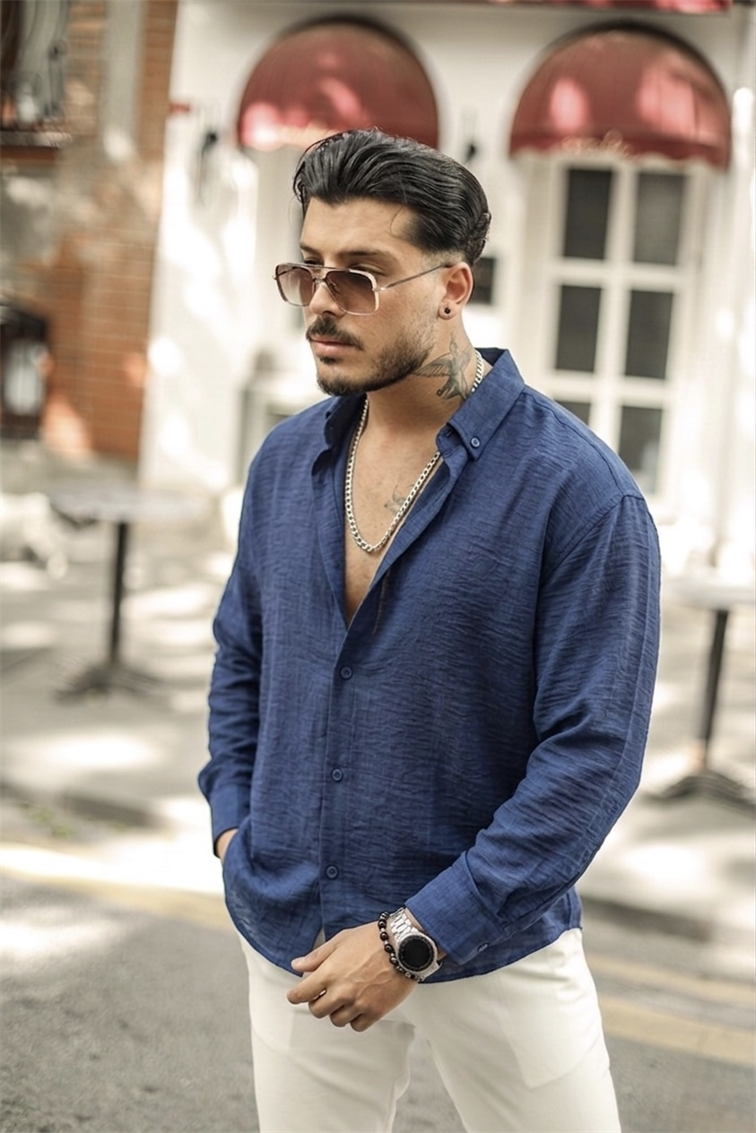 Yaka Düğmeli Basic Regular Fit Gömlek Lacivert