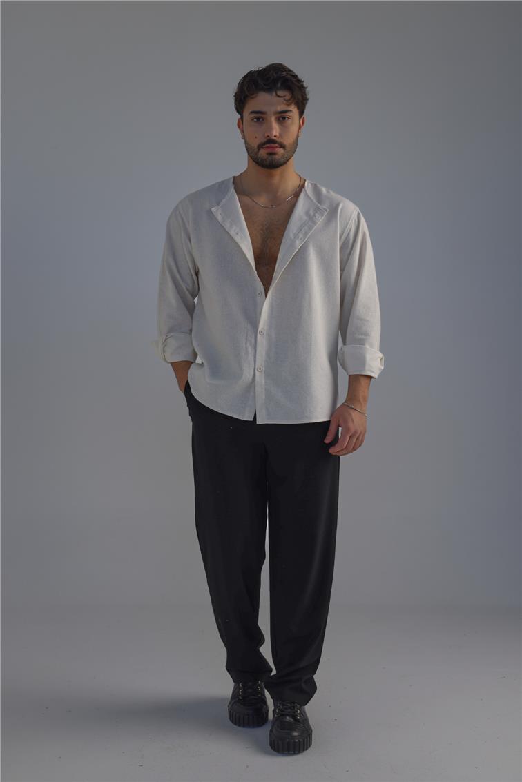 Yakasız Keten Gömlek Ekru