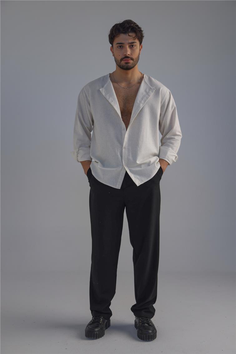 Yakasız Keten Gömlek Ekru