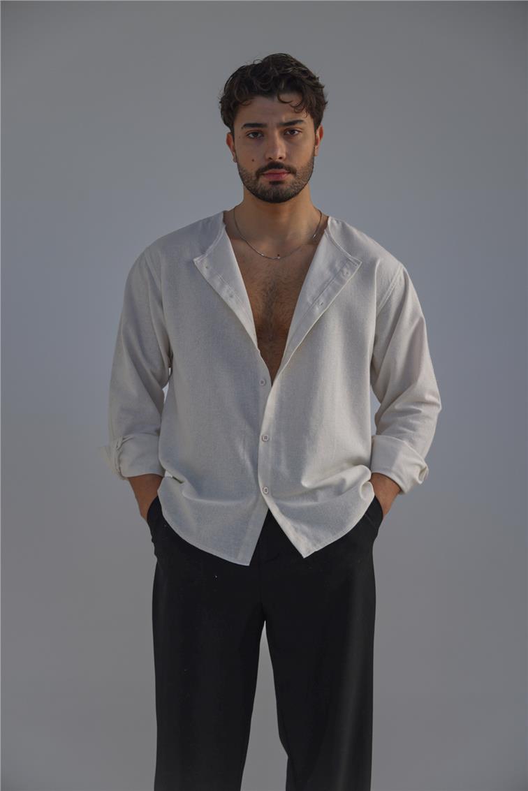 Yakasız Keten Gömlek Ekru