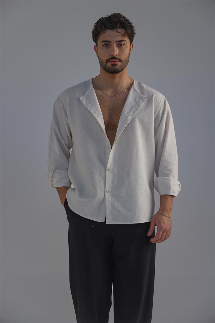 Yakasız Keten Gömlek Ekru