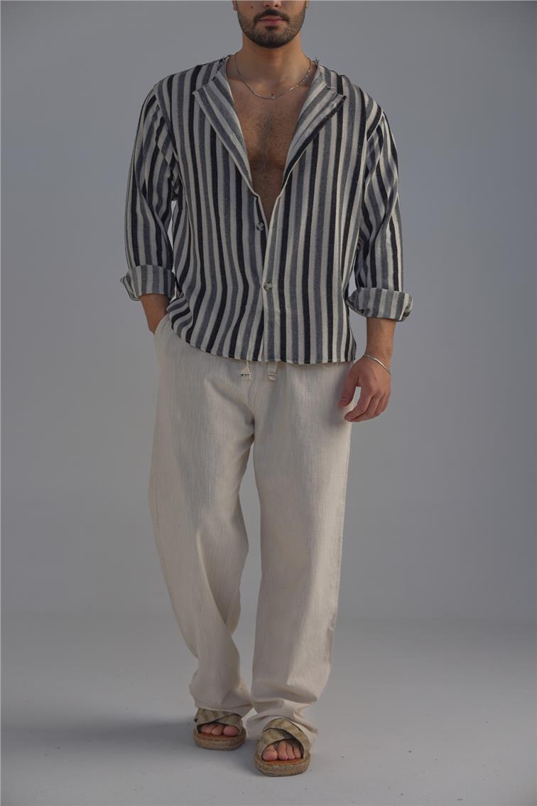 Yakasız Şeritli Keten Gömlek Siyah