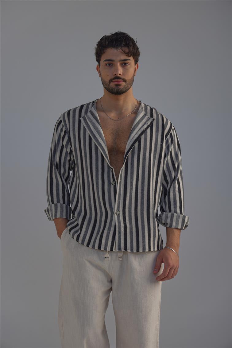 Yakasız Şeritli Keten Gömlek Siyah
