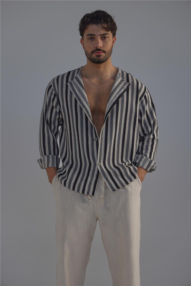 Yakasız Şeritli Keten Gömlek Siyah