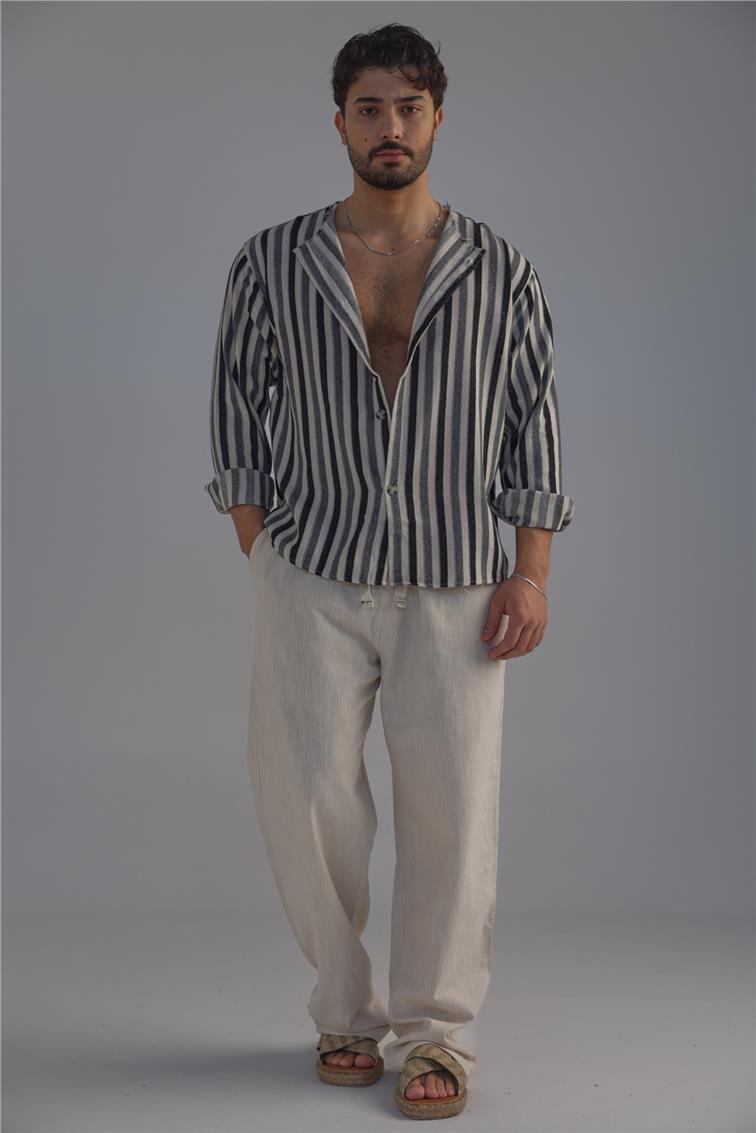 Yakasız Şeritli Keten Gömlek Siyah