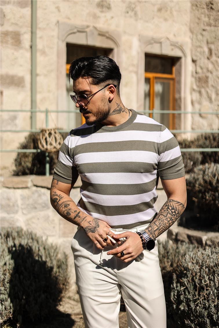 Yan Çizgili Slim Fit T-Shirt Haki