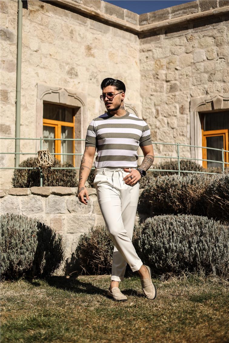 Yan Çizgili Slim Fit T-Shirt Haki