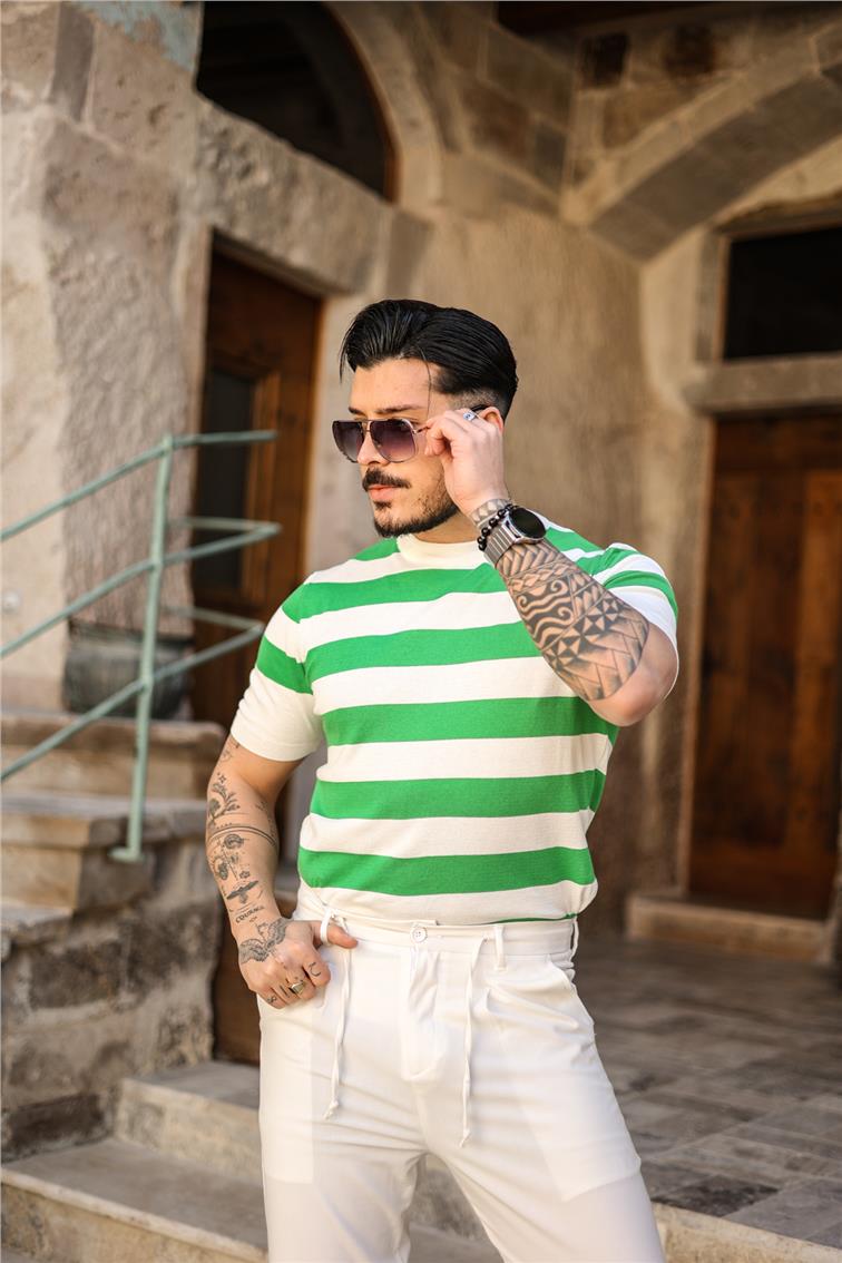 Yan Çizgili Slim Fit T-Shirt Yeşil